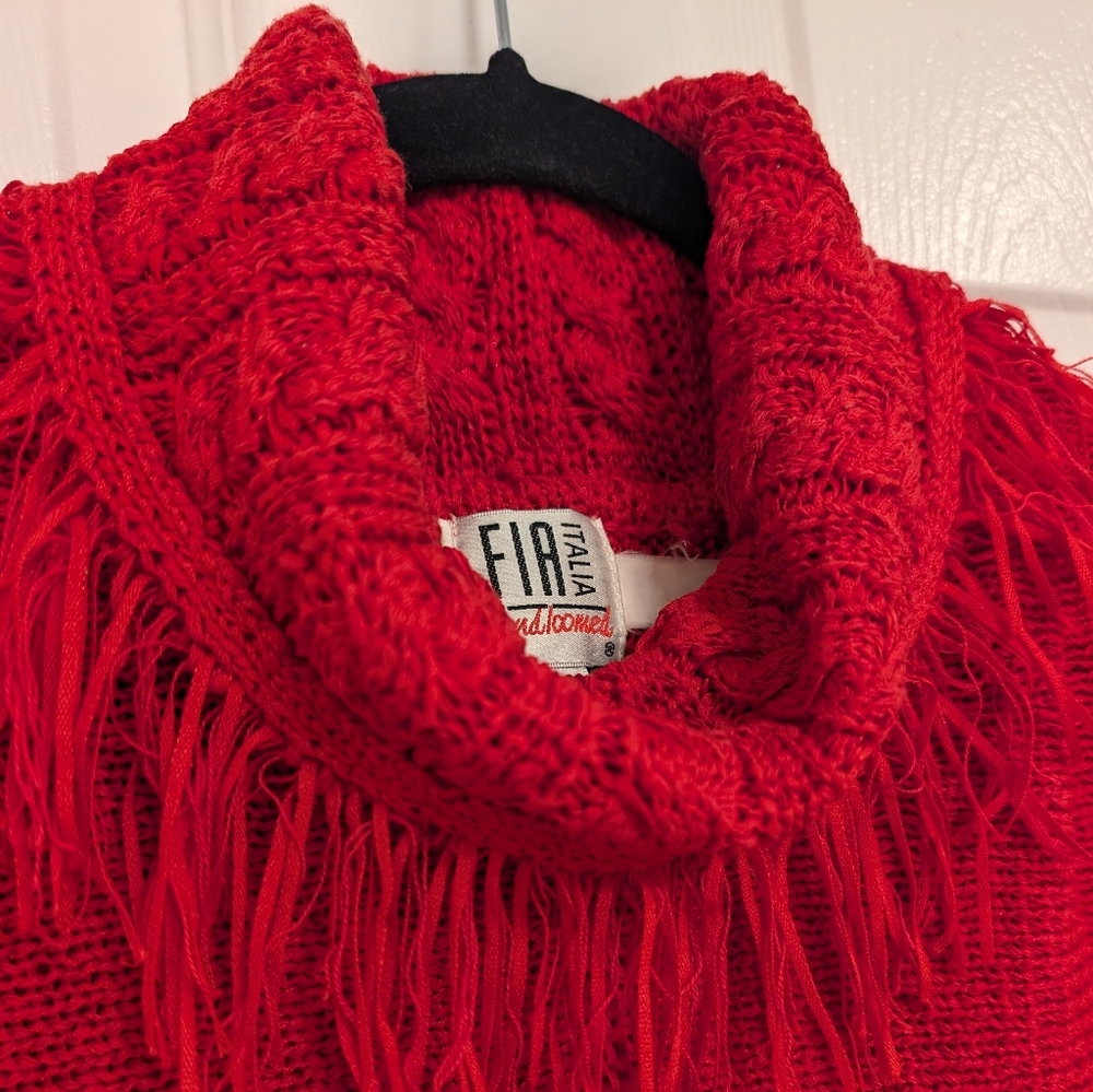 VTG FIA ITALIA  Sweater Top Fun Fringe Hand Loomed Red Turtle Neck Women's Sz S